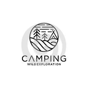 Camping Forest logos consisting of mountains, camp and trees line style isolated for explore emblem, hiking sticker, tourist