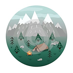 Camping, forest, mountains in cartoon flat style. Round icon illustration.