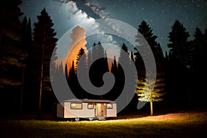 Camping in the forest. Tent in the jungle under the evening night sky full of stars and Milky way nature landscape background.