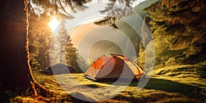 Camping in Forest with Tent at Morning Sunrise. Forest Campground. Camp Vacation in Woods. Generative AI