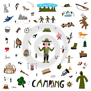 Camping forest vector illustration ,cartoons set , background