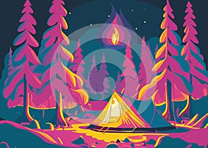 Camping in the forest. Vector illustration in a flat style