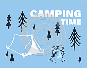 Camping funny cool summer t-shirt print design. Camp vacation illustration. Forest travel