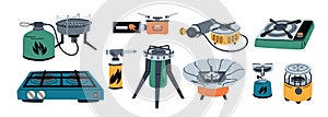 Camping gas stoves. Portable burners for outdoor cooking. Propane tanks. Hiking cookers. Expeditionary kitchen. Camp photo