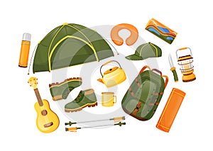 Camping gear flat color vector objects set photo