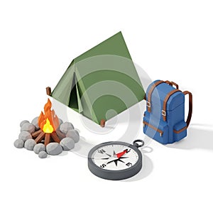 Camping Gear Set with Tent, Fire, Backpack, and Compass