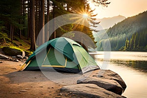 Camping green tent in forest near lake