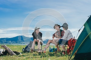 Camping group of friends asian people together, teenagers travel