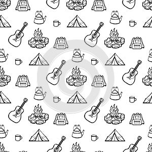 Camping - guitar and fire. Vector hand drawn seamless pattern