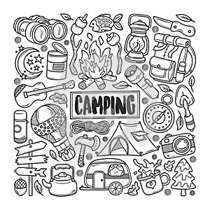 Camping Hand Drawn Doodle Coloring Vector