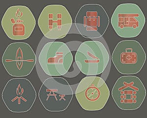 Camping hexagon icons. Red marks on the green