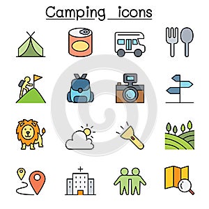 Camping and Hiking color line icon set