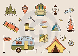 Camping and hiking coloured elements set. Outdoor adventure emblems. Tourist tent, camper, forest, trees, backpack, campfire. For