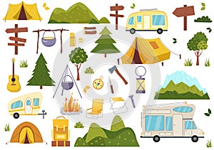 Camping and hiking elements. Forest hike icon set.Wanderlust scout adventure icons