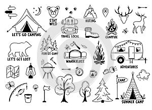 Camping and hiking elements isolated on white. Outdoor adventure emblems. Tourist tent, forest, camp, trees and wild animals. For