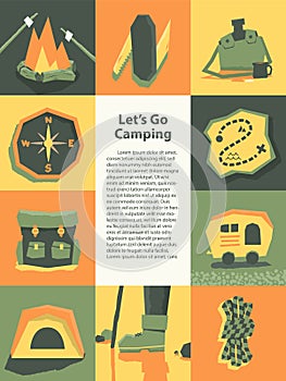 Camping and hiking equipment gear symbol flat style illustration vector design banner template for summer camp flyers and posters