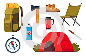 Camping and hiking equipment set. Big collection of elements or icons for Sports, adventures in nature, recreation and tourism