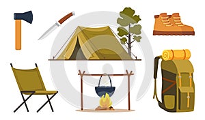 Camping and hiking equipment set. Big collection of elements or icons for Sports, adventures in nature, recreation and tourism