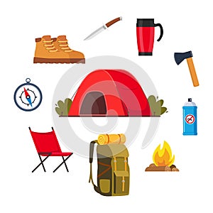 Camping and hiking equipment set. Big collection of elements or icons for Sports, adventures in nature, recreation and tourism