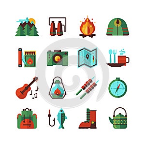 Camping Hiking Flat Icons Set