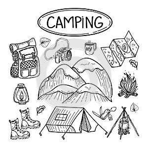 Camping and hiking hand drawn doodles collection.