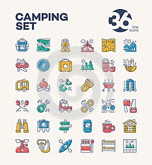 Camping and hiking icons set color style consisting of camp and travel equipment for