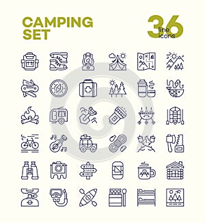 Camping and hiking icons set line style consisting of camp