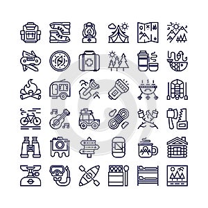 Camping and hiking icons set line style consisting of camp and t