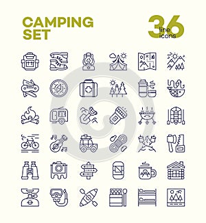 Camping and hiking icons set line style consisting of camp and travel equipment for