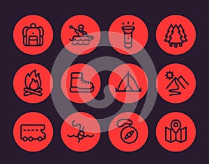 Camping, hiking, outdoor adventure icons set