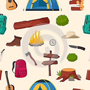 Camping and hiking seamless pattern. Summer camp travel tools collection for survival in wild, tent, backpack, map, axe