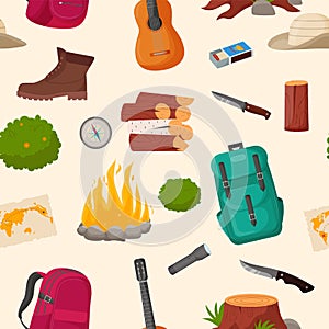 Camping and hiking seamless pattern. Summer camp travel tools collection for survival in wild, tent, backpack, map, axe