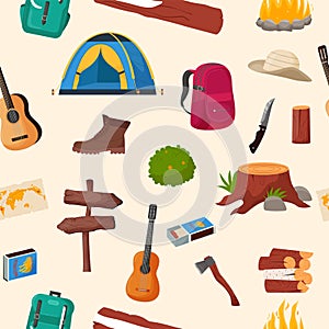 Camping and hiking seamless pattern. Summer camp travel tools collection for survival in wild, tent, backpack, map, axe