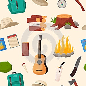 Camping and hiking seamless pattern. Summer camp travel tools collection for survival in wild, tent, backpack, map, axe