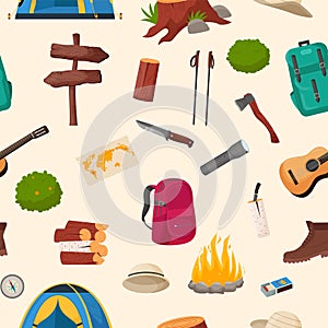 Camping and hiking seamless pattern. Summer camp travel tools collection for survival in wild, tent, backpack, map, axe