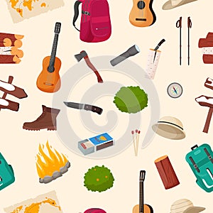 Camping and hiking seamless pattern. Summer camp travel tools collection for survival in wild, tent, backpack, map, axe