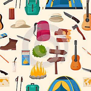 Camping and hiking seamless pattern. Summer camp travel tools collection for survival in wild, tent, backpack, map, axe