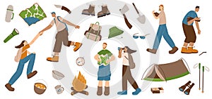 Camping and hiking set, characters concept and hand drawn elements. Vector illustration, object for expedition isolated