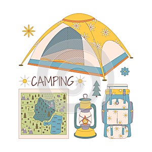 Camping and hiking set, drawn elements â€” tent, backpack, map, oil lamp, flashlight