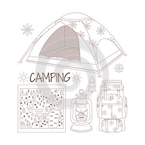 Camping and hiking set, drawn elements â€” tent, backpack, map, oil lamp, flashlight