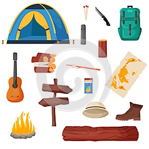 Camping and hiking set. Summer camp travel tools collection for survival in wild, tent, backpack, map, axe, campfire and