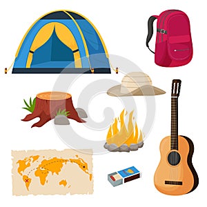 Camping and hiking set. Summer camp travel tools collection for survival in wild, tent, backpack, map, axe, campfire and
