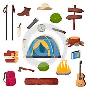 Camping and hiking set. Summer camp travel tools collection for survival in wild, tent, backpack, map, axe, campfire and