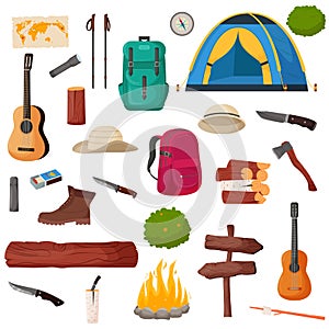 Camping and hiking set. Summer camp travel tools collection for survival in wild, tent, backpack, map, axe, campfire and