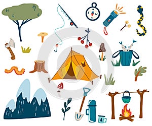 Camping and hiking set. Tourist equipment. Hand draw Hiking outdoor elements kit. Cartoon Vector Illustration of Camping gear