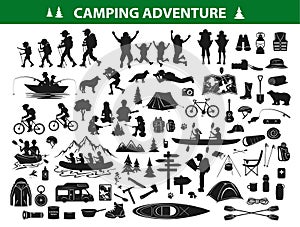 Camping hiking silhouette collection set