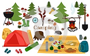 Camping, hiking in the woods, a set of elements in a hand-drawn style. Tent, fire, barbecue, Christmas trees, thermos, grill,