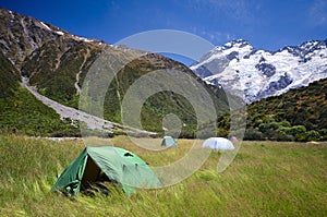 Camping in hooker valley, Mt. Aoraki Mt. Cook, New Zealand