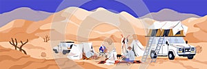 Camping in hot desert. Sand landscape panorama with tourists and arab bedoin. People group at picnic during Arabian