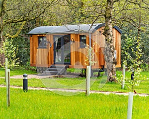 Camping huts glamping wooden vacation holiday lodges in the countryside